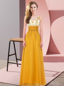 Spectacular Appliques Vestidos de Damas Gold Backless Sleeveless Floor Length