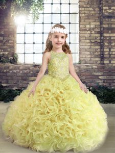 Beading Girls Pageant Dresses Yellow Green Lace Up Sleeveless Floor Length