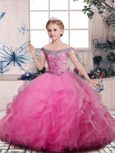 Hot Selling V-neck Sleeveless Little Girls Pageant Dress Wholesale Floor Length Beading and Ruffles Pink Tulle