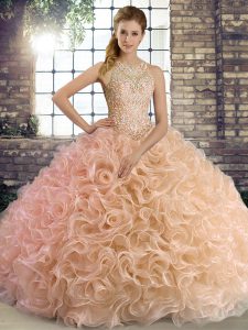 Peach Ball Gowns Fabric With Rolling Flowers Scoop Sleeveless Beading Floor Length Lace Up Quinceanera Gown