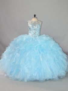 Blue Sleeveless Beading and Ruffles Floor Length Quinceanera Gown