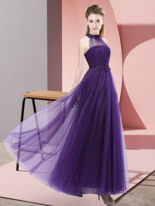 Purple Tulle Lace Up Damas Dress Sleeveless Floor Length Beading and Appliques
