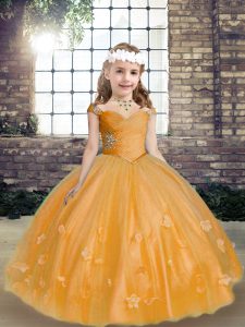 Ball Gowns Pageant Gowns For Girls Gold Straps Tulle Sleeveless Floor Length Lace Up