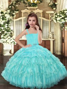 Latest Aqua Blue Pageant Gowns For Girls Party and Wedding Party with Ruffled Layers Straps Sleeveless Lace Up