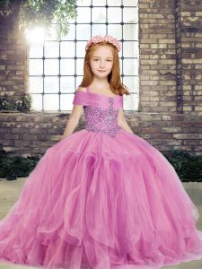 Straps Sleeveless Little Girls Pageant Dress Floor Length Beading Lilac Tulle