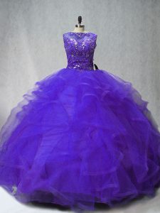 Fabulous Purple Sleeveless Brush Train Beading and Ruffles Quinceanera Dress