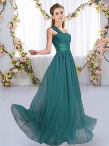 Peacock Green Dama Dress for Quinceanera Wedding Party with Ruching One Shoulder Sleeveless Lace Up