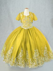 Unique Olive Green Lace Up Spaghetti Straps Beading and Embroidery Child Pageant Dress Tulle Sleeveless