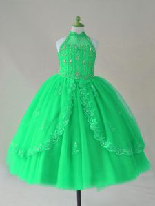 Custom Design High-neck Sleeveless Lace Up Kids Pageant Dress Turquoise Tulle