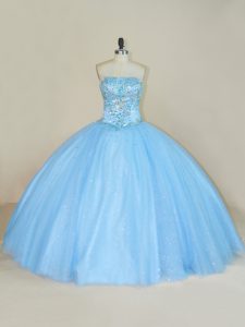 Best Blue Ball Gowns Beading 15th Birthday Dress Lace Up Tulle Sleeveless Floor Length