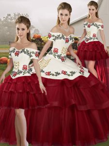 Wine Red Tulle Lace Up 15 Quinceanera Dress Sleeveless Brush Train Embroidery and Ruffled Layers