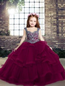 Stylish Beading and Ruffles Child Pageant Dress Fuchsia Lace Up Sleeveless Floor Length