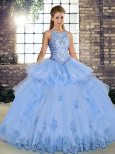 Super Sleeveless Lace and Embroidery and Ruffles Lace Up Quinceanera Gown