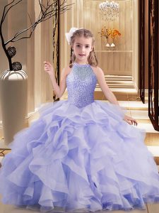 Lavender Child Pageant Dress High-neck Sleeveless Brush Train Lace Up