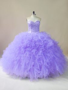 Excellent Sleeveless Floor Length Beading and Ruffles Lace Up Quince Ball Gowns with Lavender
