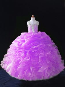 Beautiful Organza Straps Sleeveless Zipper Beading and Ruffles and Pick Ups Little Girls Pageant Dress in Lilac