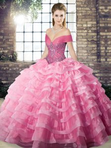 Rose Pink Ball Gowns Off The Shoulder Sleeveless Organza Brush Train Lace Up Beading and Ruffled Layers Quinceanera Gowns
