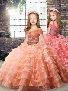 Inexpensive Orange Ball Gowns Straps Long Sleeves Organza Brush Train Lace Up Beading and Ruffled Layers Little Girl Pageant Dress