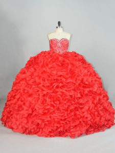 Traditional Red Organza Lace Up Sweet 16 Dresses Sleeveless Brush Train Beading and Ruffles