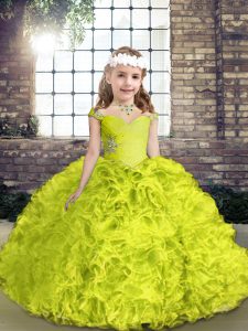 Low Price Yellow Green Straps Neckline Beading Kids Pageant Dress Sleeveless Lace Up