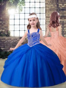 Sleeveless Floor Length Beading Lace Up Little Girls Pageant Dress Wholesale with Royal Blue