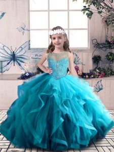 Beautiful Ball Gowns Little Girl Pageant Dress Blue Scoop Tulle Sleeveless Floor Length Lace Up