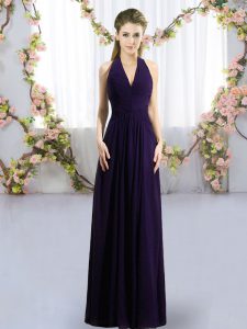 High Class Dark Purple Halter Top Neckline Ruching Court Dresses for Sweet 16 Sleeveless Zipper
