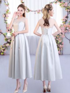 Eye-catching Tea Length Lace Up Court Dresses for Sweet 16 Silver for Wedding Party with Appliques