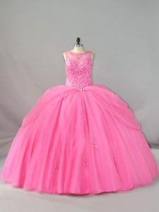 Decent Rose Pink Ball Gowns Scoop Sleeveless Tulle Brush Train Lace Up Beading and Appliques Ball Gown Prom Dress