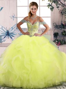 Gorgeous Yellow Green Off The Shoulder Neckline Beading and Ruffles Ball Gown Prom Dress Sleeveless Side Zipper