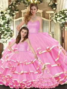 Dazzling Rose Pink Organza Lace Up Sweet 16 Dress Sleeveless Floor Length Ruffled Layers