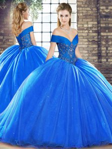 Off The Shoulder Sleeveless Sweet 16 Dresses Brush Train Beading Royal Blue Organza