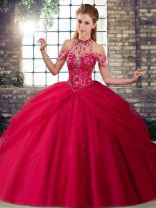 Clearance Brush Train Ball Gowns Vestidos de Quinceanera Coral Red Halter Top Tulle Sleeveless Lace Up