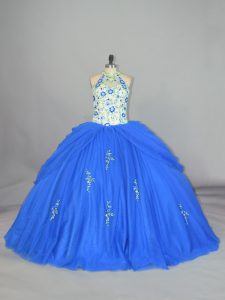 Blue Lace Up Strapless Appliques and Embroidery Quinceanera Dress Tulle Sleeveless