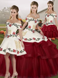 Lace Up Sweet 16 Dress Wine Red for Sweet 16 and Quinceanera with Embroidery and Ruffled Layers Brush Train
