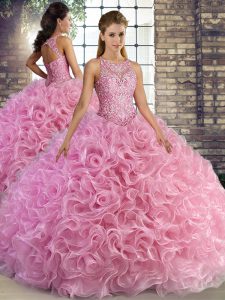 Comfortable Floor Length Rose Pink 15 Quinceanera Dress Scoop Sleeveless Lace Up