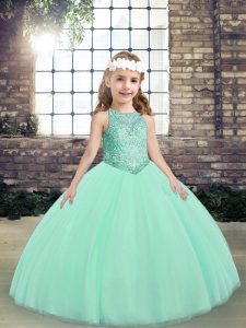 Classical Apple Green Tulle Lace Up Little Girl Pageant Dress Sleeveless Floor Length Beading