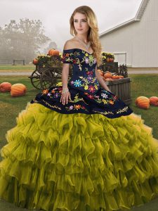 Cheap Olive Green Off The Shoulder Lace Up Embroidery and Ruffled Layers 15 Quinceanera Dress Sleeveless
