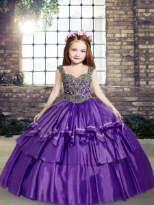 Luxurious Straps Sleeveless Taffeta Kids Pageant Dress Beading Lace Up