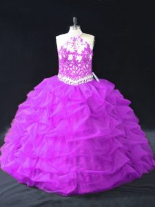 Purple Sleeveless Floor Length Beading and Pick Ups Backless 15 Quinceanera Dress