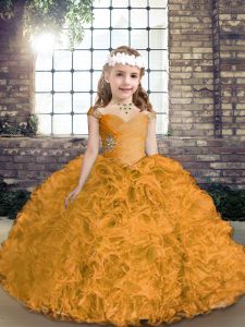 Attractive Asymmetrical Gold Pageant Gowns For Girls Fabric With Rolling Flowers Sleeveless Beading