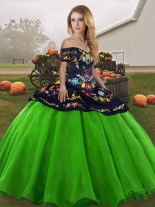 Off The Shoulder Sleeveless Lace Up 15th Birthday Dress Green Tulle