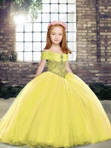 On Sale Yellow Straps Neckline Beading Little Girls Pageant Gowns Sleeveless Lace Up