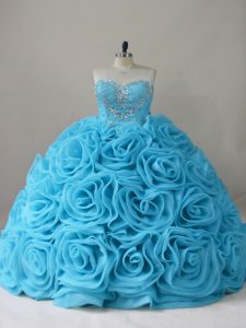 Baby Blue Ball Gowns Sweetheart Sleeveless Fabric With Rolling Flowers Brush Train Side Zipper Beading 15 Quinceanera Dress