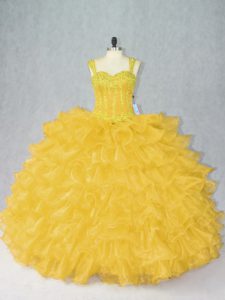 Elegant Gold Lace Up Quinceanera Dress Beading and Ruffles Sleeveless Floor Length