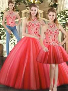 Free and Easy Sleeveless Tulle Floor Length Lace Up 15th Birthday Dress in Red with Embroidery