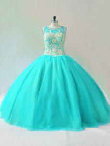Chic Aqua Blue Sleeveless Beading Floor Length Sweet 16 Quinceanera Dress