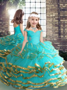 Hot Selling Floor Length Lace Up Little Girls Pageant Dress Wholesale Aqua Blue for Party and Wedding Party with Beading and Ruching