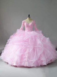 Decent Pink Long Sleeves Tulle Lace Up Ball Gown Prom Dress for Sweet 16 and Quinceanera