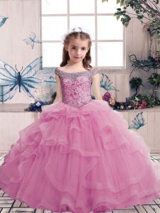 Excellent Scoop Sleeveless Tulle Little Girls Pageant Gowns Beading Lace Up